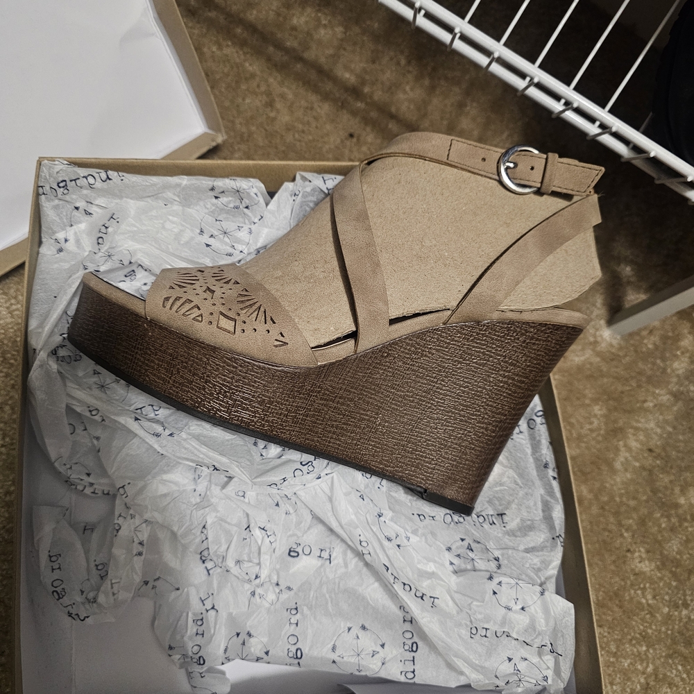 Never Worn Indigo Beige and Brown Wedge Sandals